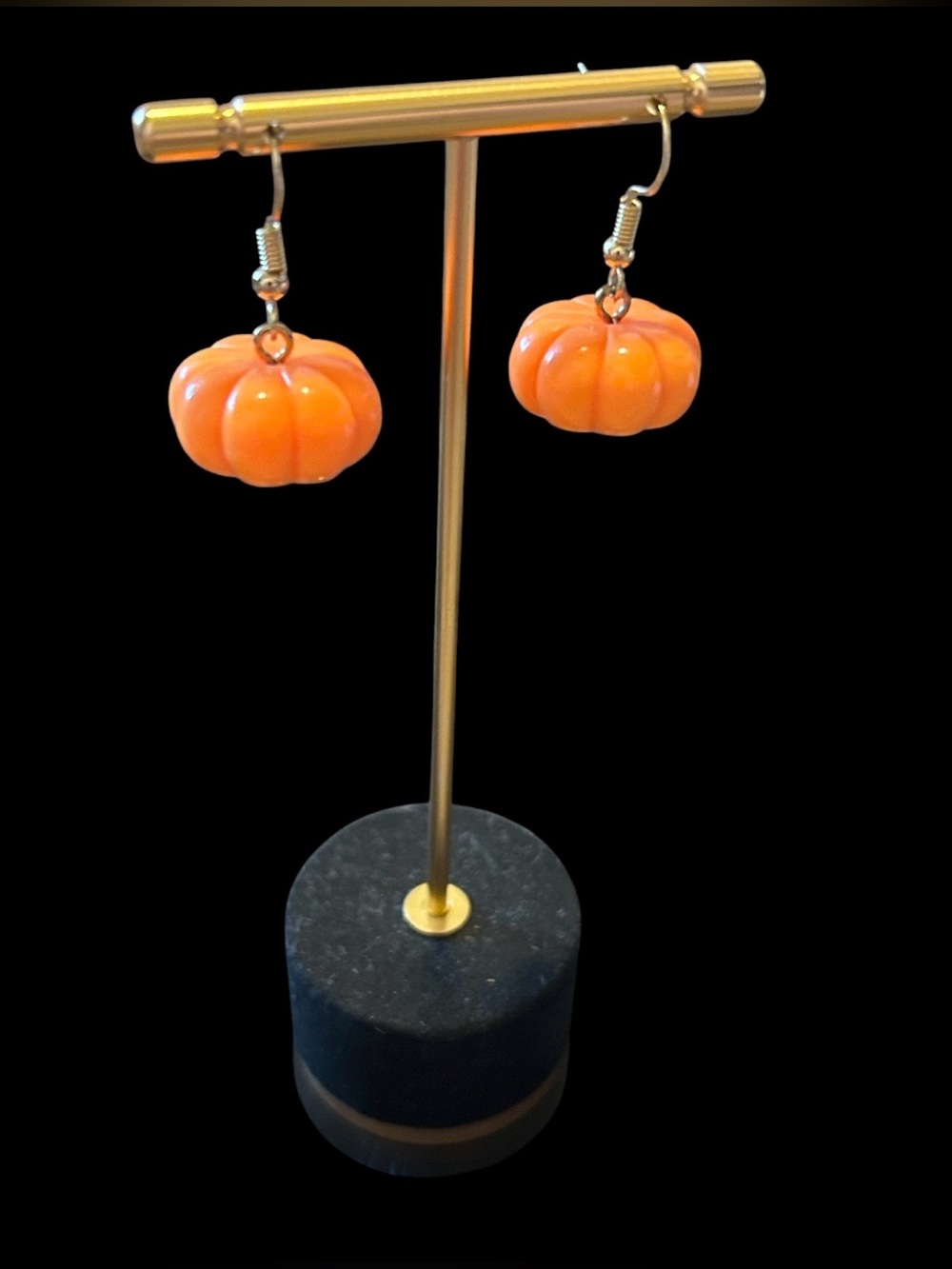 🎃 Whimsical Glossy Orange Pumpkin Dangle Earrings with Gold Hooks ✨